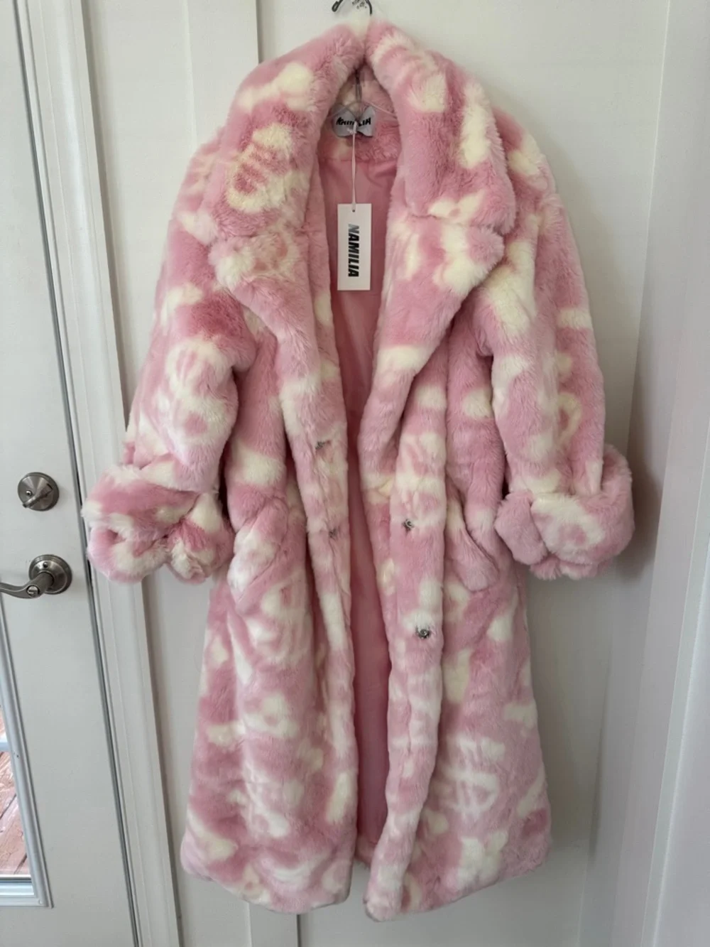 NWT Namilia PINK DICK DOLLAR FAUX FUR COAT Size S